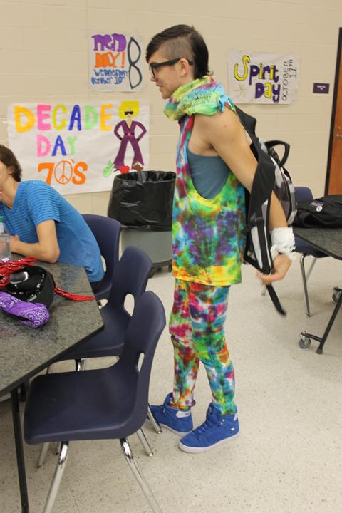 Junior Ty Farmer shows off all of his colors for tie dye day during Homecoming week.