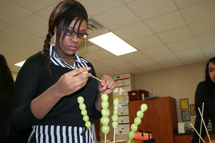Shekinah Amos arranges sticks full of grapes as the beginning of her arrangement.