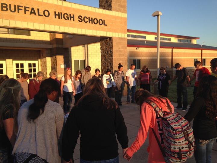 Students and teachers gather in front of the building for See You at the Pole last week.