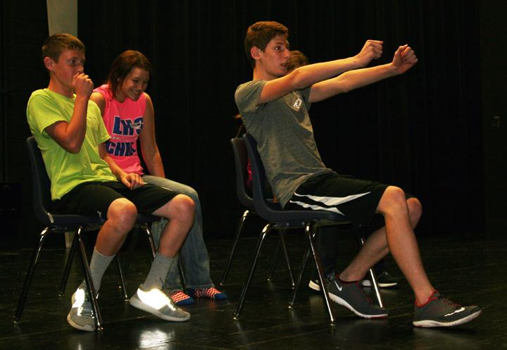 Freshmen Dylan Cornish and Tristan Best work with students from Leon during a theatre motion clinic earlier in the school year.