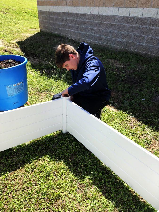 Jordan Steele works on setting up a gardening area outside of the Life Skills classroom. The students planted a variety of vegetables and hope to harvest before the end of school. 