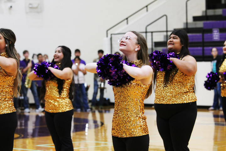 Junior Shelby Johnston performs with the Bison Belles at the first pep rally of the season.