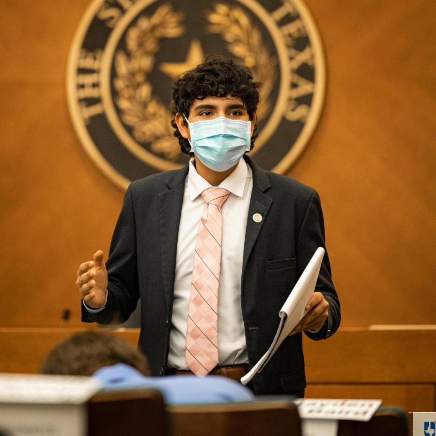 Senior Omar Almeida debates in the state capitol during UIL State Congress finals.