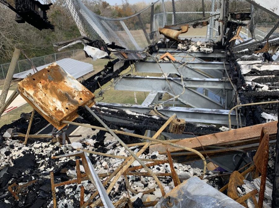 The press box was completely destroyed in a fire on Christmas morning. No foul play was evident.