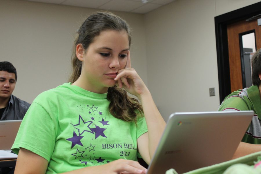 Senior Becky Rodriguez works on a class assignment on her new Chromebook. The teachers received theirs at the beginning of the summer so they could learn to use them for assignments. 