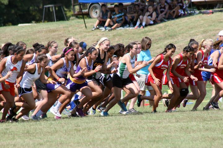 The varsity girls take off at a cross country meet.
