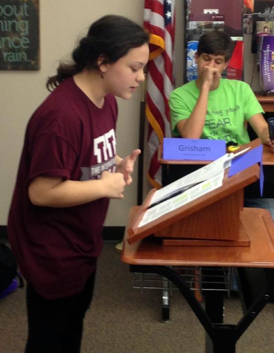 Sophomore Lilah Molina practices for Congress during speech and debate class.