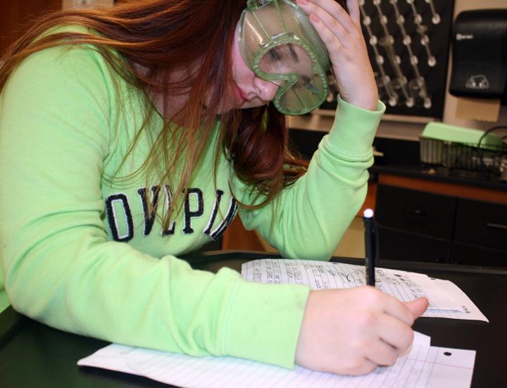 Freshman Destiny Hammons works on an assignment during science class.
