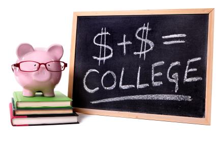 Pink piggy bank with glasses standing on books next to a blackboard with simple college savings or fees formula.