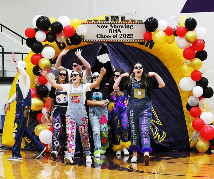 Seniors showed off their overalls for the final pep rally of the year.