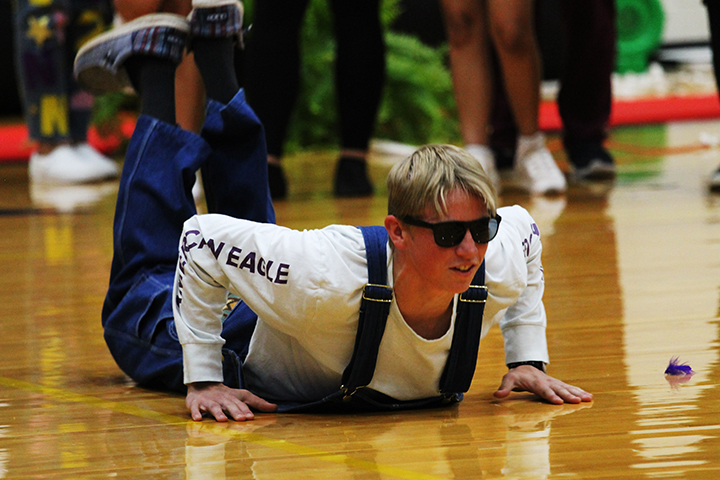 Senior Riley Ayres shows off his dance moves at the senior pep rally.
