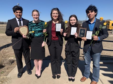 Speech students show off their awards after winning Speech Sweepstakes at their NSDA National Qualifier tournament. Three students, Omar Almeida, Ashley White and Nicollette Arabie, will compete at nationals in June.