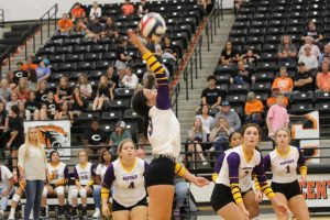 Senior Jaycee Harris catches some air to make the spike in an early-season game against Centerville.