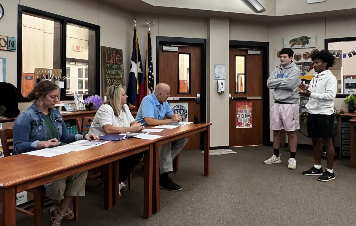 Second period seniors Maddox Hardin and Aiden Savage pitch their business plan to Sharks. The second period panel was Lower Junior High Principal Kelli Moore, Assistant Superintendent Tina Rayborn and Superintendent Adam Ivy.