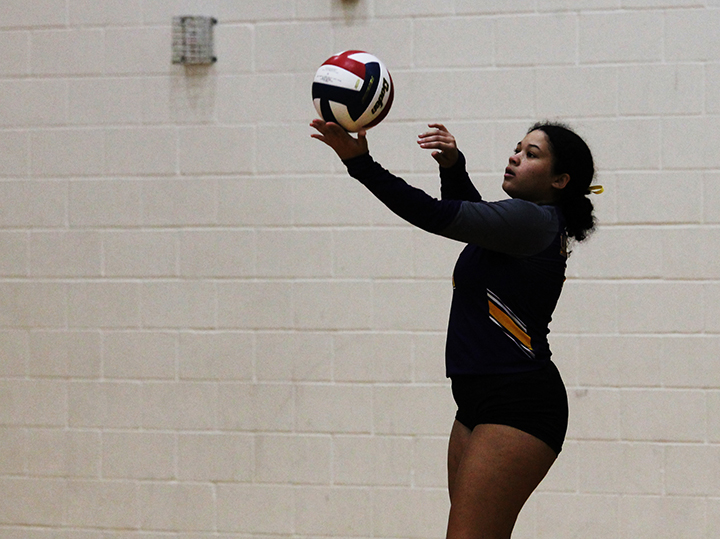 Senor Alyncia Jackson sets up to serve during a home volleyball game. 