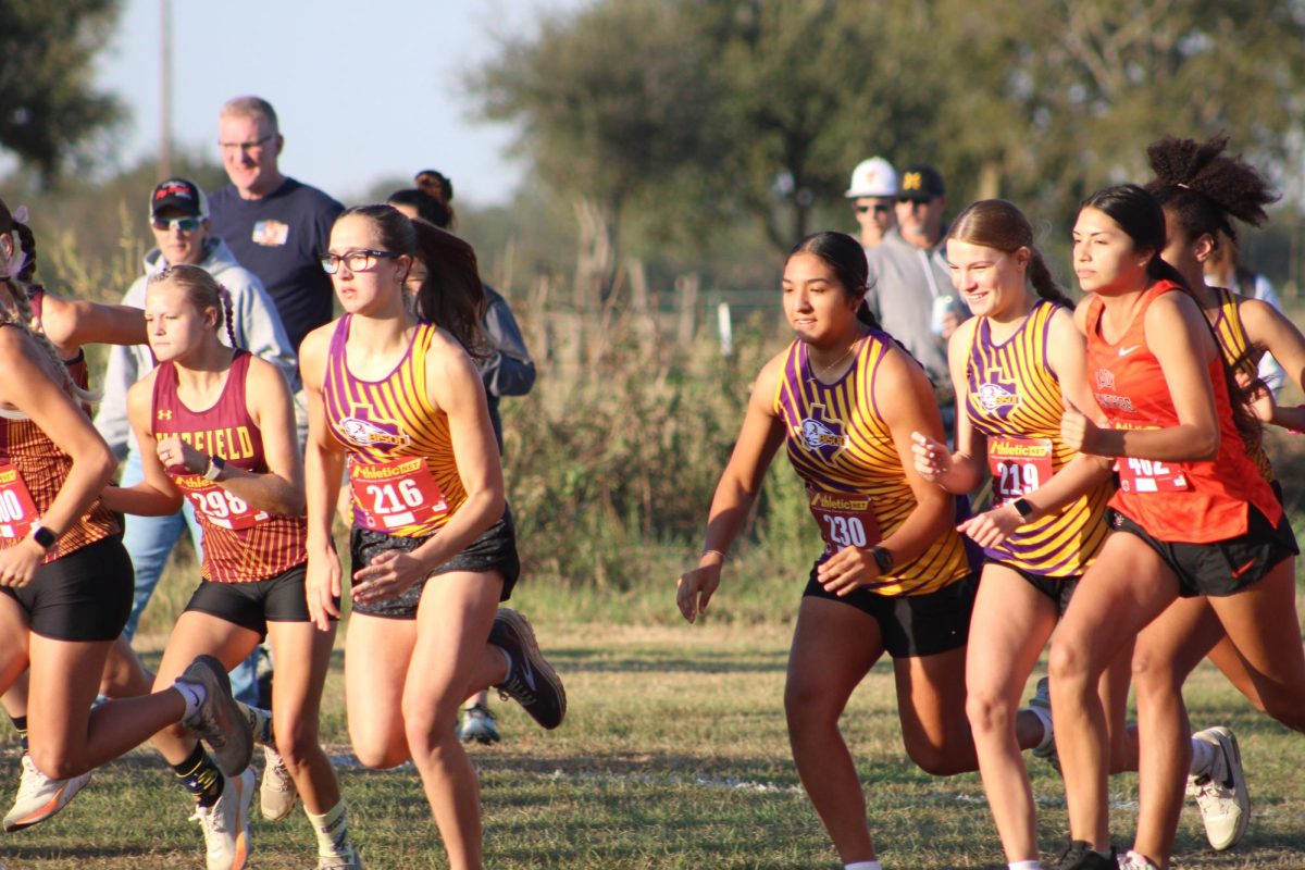 Sophomore Genevieve Arabie and the rest of the varsity team start the district cross country race in Fairfield last week. Arabie and junior Emmanuel Renteria placed in the top 10 and will advance to regionals. 