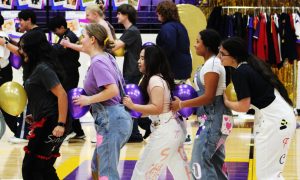 Seniors play a game during the senior pep rally.