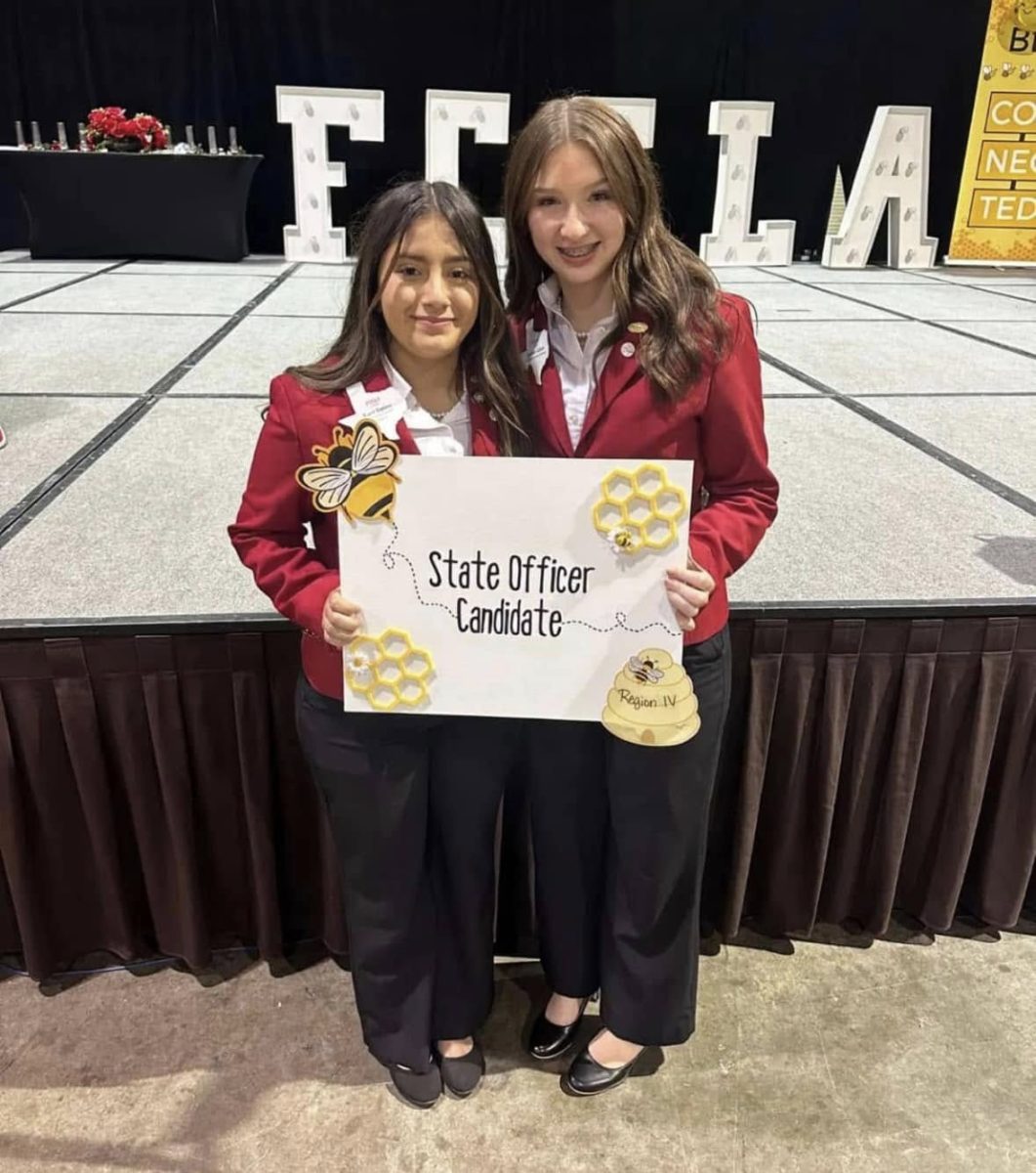 Outgoing state officer Madison Gilliam poses with new state officer Yurit Espino. The election took place at the district convention in Galveston this weekend. 